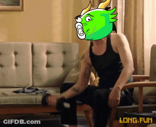 A Cartoon Of A Man Sitting In A Chair With A Green Head And The Words Long Fun Below Him GIF