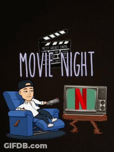 A Cartoon Of A Man Sitting In A Chair With A Remote In Front Of A Tv That Says Movie Night GIF