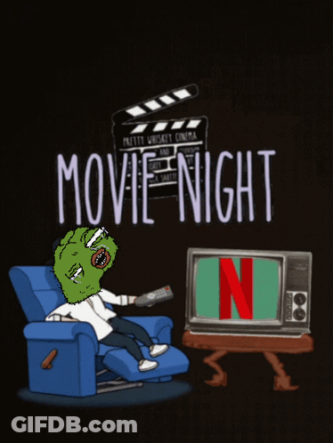 A Cartoon Of A Man Sitting In A Chair With A Remote In His Hand And The Words Movie Night Above Him GIF