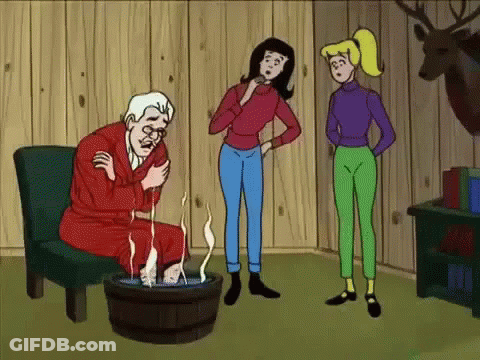 A Cartoon Of A Man Sitting In A Chair With His Feet In A Bucket Of Water GIF