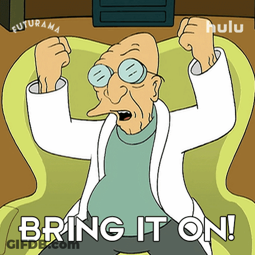 A Cartoon Of A Man Sitting In A Chair With The Words Bring It On Written Below Him GIF