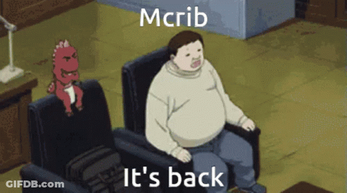 A Cartoon Of A Man Sitting In A Chair With The Words Mcrib It 'S Back On The Bottom GIF