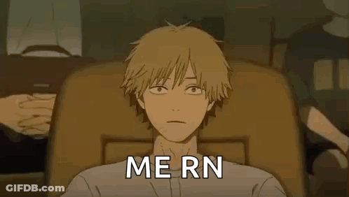 A Cartoon Of A Man Sitting In A Chair With The Words `` Me Rn '' Written On It . GIF