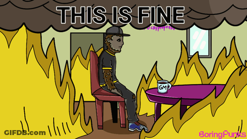 A Cartoon Of A Man Sitting In A Chair With The Words This Is Fine Behind Him GIF