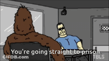A Cartoon Of A Man Sitting In A Chair With The Words " You 'Re Going Straight To Prison " On The Bottom GIF
