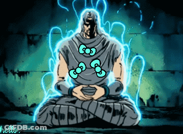 Cartoon Man Sitting In Lotus With Hello Kitty Stickers GIF