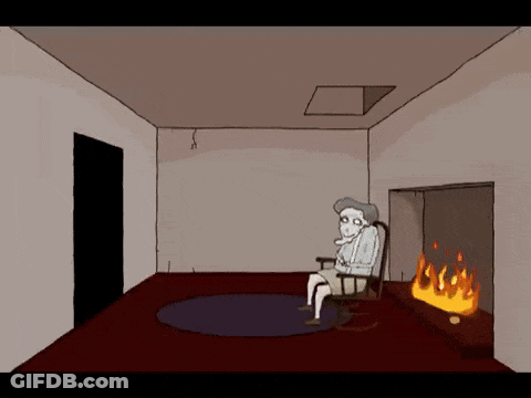 A Cartoon Of A Man Sitting In A Rocking Chair In Front Of A Fire GIF