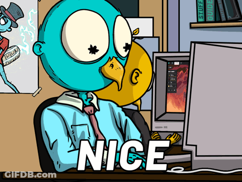A Cartoon Of A Man Sitting In Front Of A Computer With The Word Nice On The Bottom GIF