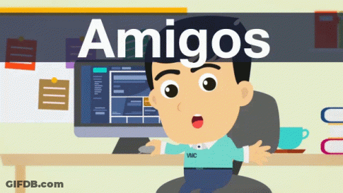 A Cartoon Of A Man Sitting In Front Of A Computer With The Words Amigos Above Him GIF