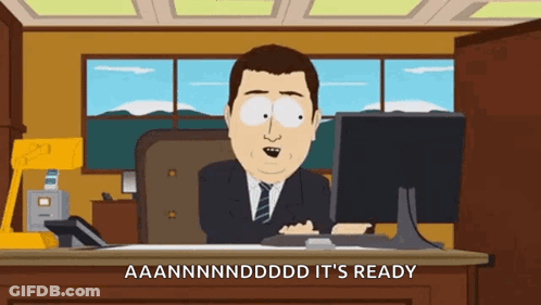A Cartoon Of A Man Sitting In Front Of A Computer With The Words " It 'S Ready " Written Below Him GIF