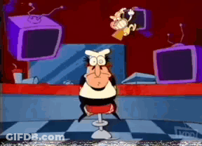 A Cartoon Of A Man Sitting In Front Of A Counter With A TV On It GIF