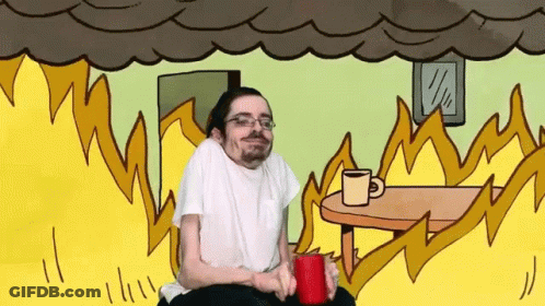 A Cartoon Of A Man Sitting In Front Of A Fire Holding A Red Cup GIF