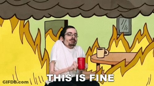 A Cartoon Of A Man Sitting In Front Of A Fire With The Words " This Is Fine " Above Him GIF