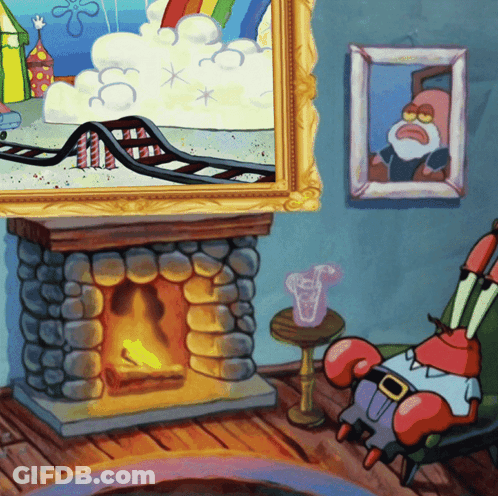 A Cartoon Of A Man Sitting In Front Of A Fireplace With A Picture Of A Roller Coaster Above Him GIF