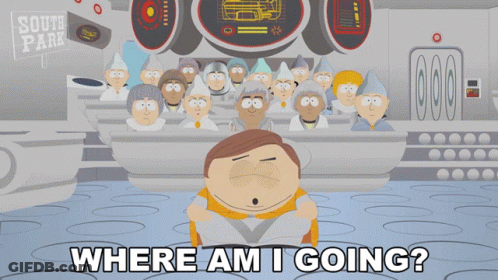A Cartoon Of A Man Sitting In Front Of A Group Of People With The Words Where Am I Going Below Him GIF