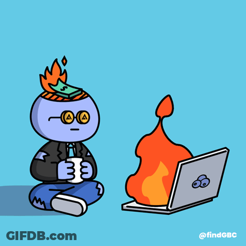 A Cartoon Of A Man Sitting In Front Of A Laptop With A Fire Coming Out Of It GIF