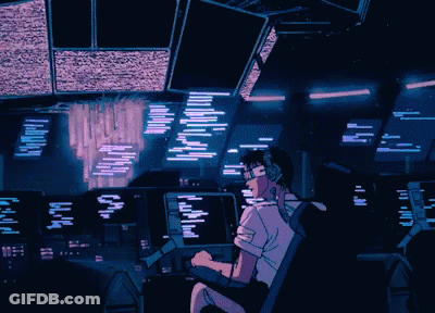 A Cartoon Of A Man Sitting In Front Of A Screen That Says ' Tokyo ' GIF
