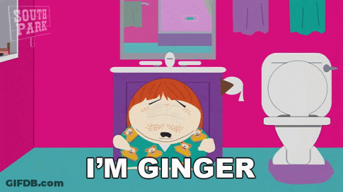 A Cartoon Of A Man Sitting In Front Of A Toilet With The Words I 'M Ginger Below Him GIF