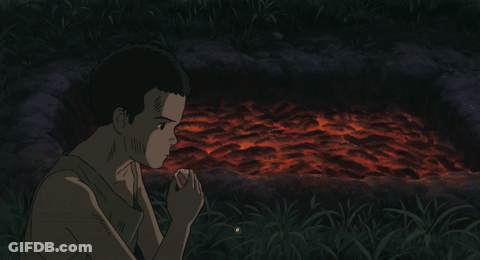 A Cartoon Of A Man Sitting In The Grass Looking At Fireflies GIF