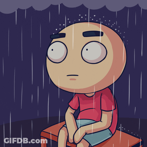 A Cartoon Of A Man Sitting In The Rain With A Lightning Bolt In The Background GIF