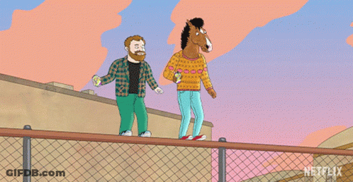 A Cartoon Of A Man Sitting Next To A Horse Holding A Can Of Soda GIF