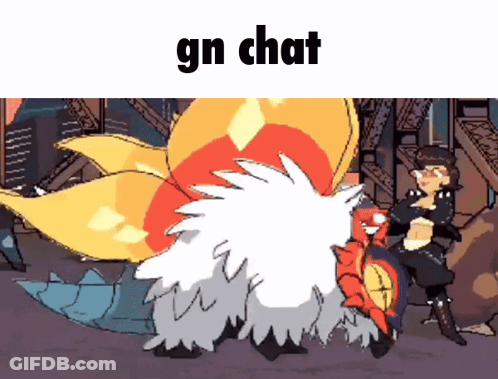 A Cartoon Of A Man Sitting Next To A Monster With The Words " Gn Chat " Above It GIF