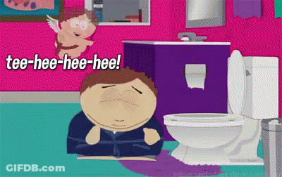 A Cartoon Of A Man Sitting Next To A Toilet With The Words Tee-Hee-Hee-Hee Written Above Him GIF