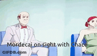 A Cartoon Of A Man Sitting Next To A Woman With The Words Mordecai On Sight With Chaco GIF