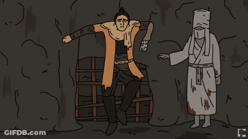 A Cartoon Of A Man Sitting On A Barrel And A Man In A White Robe Standing Next To Him GIF