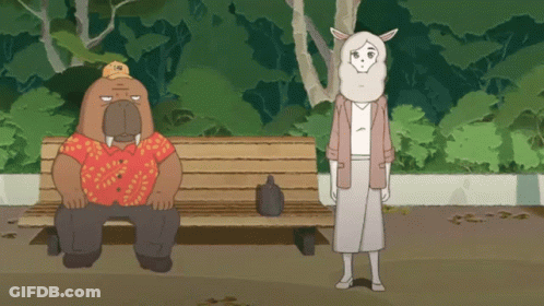 A Cartoon Of A Man Sitting On A Bench And A Woman Standing Next To Him GIF
