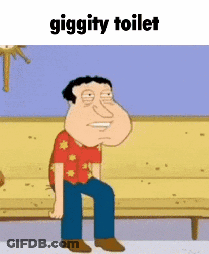 A Cartoon Of A Man Sitting On A Bench With The Words Giggity Toilet Written Above Him GIF