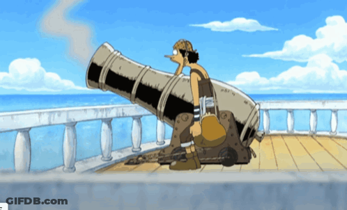 A Cartoon Of A Man Sitting On A Cannon With The Letter T In The Corner GIF