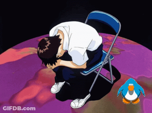 A Cartoon Of A Man Sitting On A Chair With His Head In His Hands GIF
