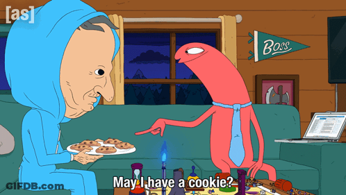 A Cartoon Of A Man Sitting On A Couch Holding A Plate Of Cookies With The Words May I Have A Cookie GIF