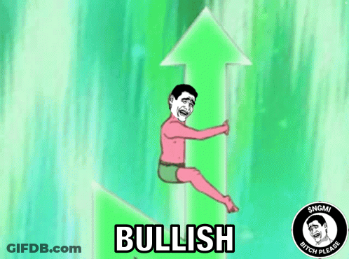 A Cartoon Of A Man Sitting On A Green Arrow With The Word Bullish On It GIF