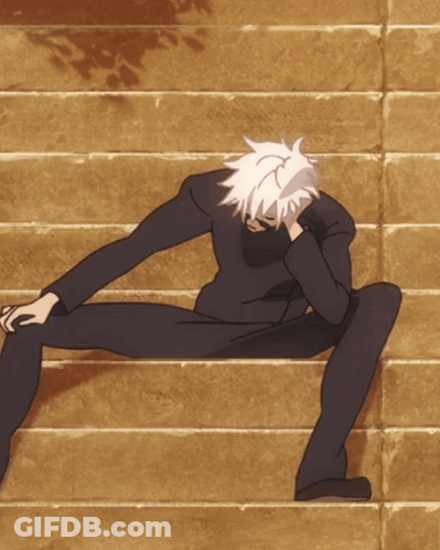 A Cartoon Of A Man Sitting On A Set Of Stairs GIF