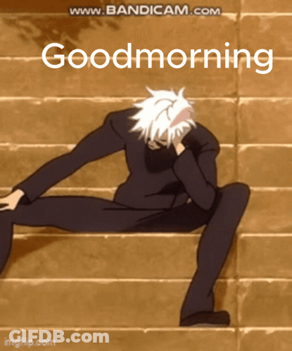 A Cartoon Of A Man Sitting On A Set Of Stairs With The Words " Good Morning " On The Bottom GIF