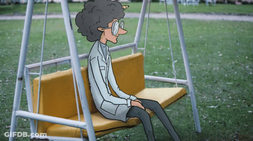 A Cartoon Of A Man Sitting On A Swing In A Park GIF