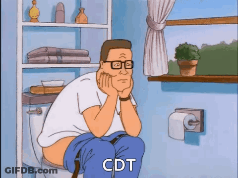 A Cartoon Of A Man Sitting On A Toilet With The Word Cdt Written On It GIF