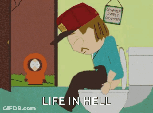 A Cartoon Of A Man Sitting On A Toilet With The Words " Life In Hell " Below Him GIF