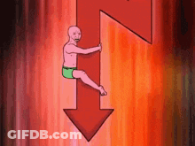 A Cartoon Of A Man Sitting On An Arrow Pointing Down . GIF