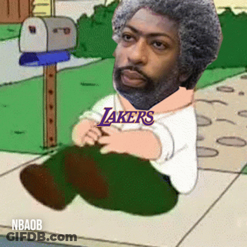A Cartoon Of A Man Sitting On The Sidewalk With The Lakers Logo On His Shirt GIF