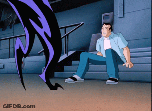 A Cartoon Of A Man Sitting On The Stairs With A Purple And Black Monster Behind Him GIF