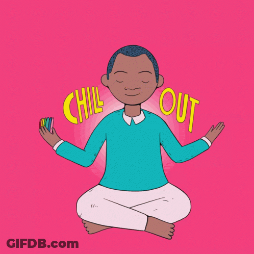 A Cartoon Of A Man Sitting Under A Rainbow With Chill Out Written On The Bottom GIF