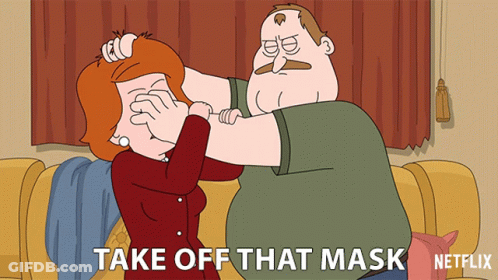A Cartoon Of A Man Slapping A Woman With The Words " Take Off That Mask " On The Bottom GIF