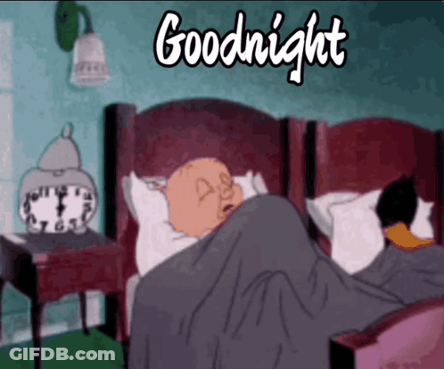A Cartoon Of A Man Sleeping In A Bed With The Words Goodnight On The Bottom GIF