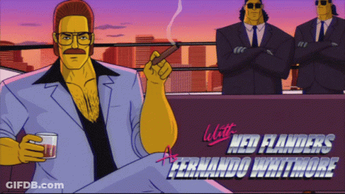 A Cartoon Of A Man Smoking A Cigar With The Words " With Red Flanders Fernando Whitmore " On The Bottom GIF