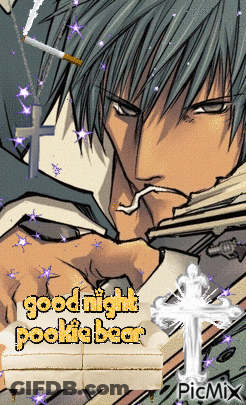A Cartoon Of A Man Smoking A Cigarette With The Words Good Night Pooka Bear On It GIF