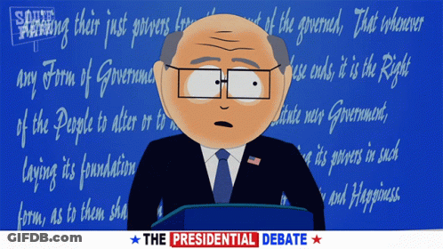 A Cartoon Of A Man Standing At A Podium With The Words The Presidential Debate Behind Him GIF