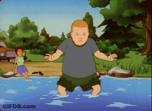 A Cartoon Of A Man Standing In A Body Of Water With A Jeep In The Background GIF